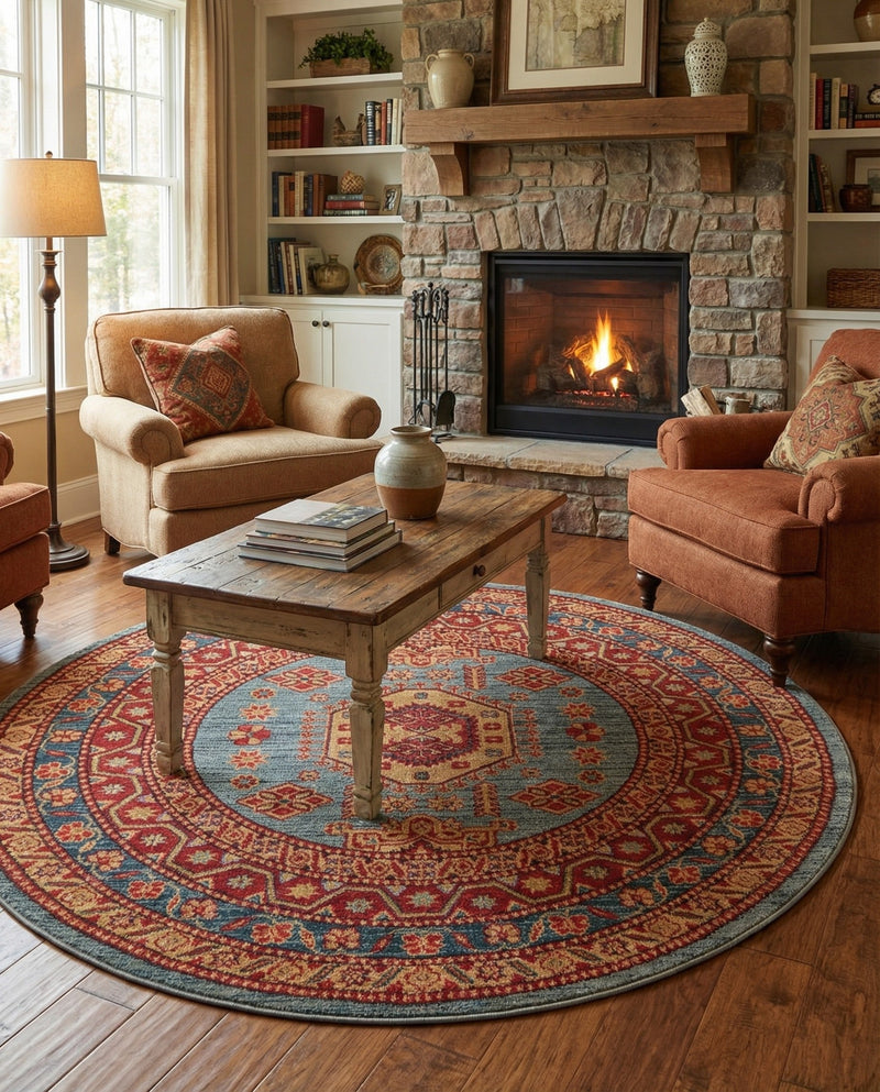 Persian Elegance Collection Area Rug -  Bushehr Round Light Blue  lifestyle 58
