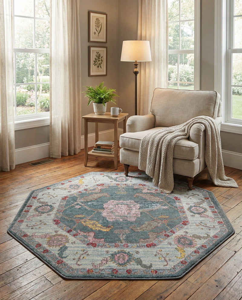 Arcadia Rugs Collection Area Rug - Eden (Gray and Blue) Octagon Gray and Blue  lifestyle 47