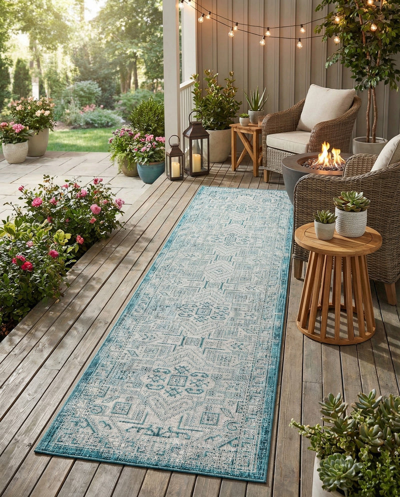 Tribal Terrace Treasures Collection Area Rug - Mayan Marina (Teal) Runner Teal  lifestyle 35