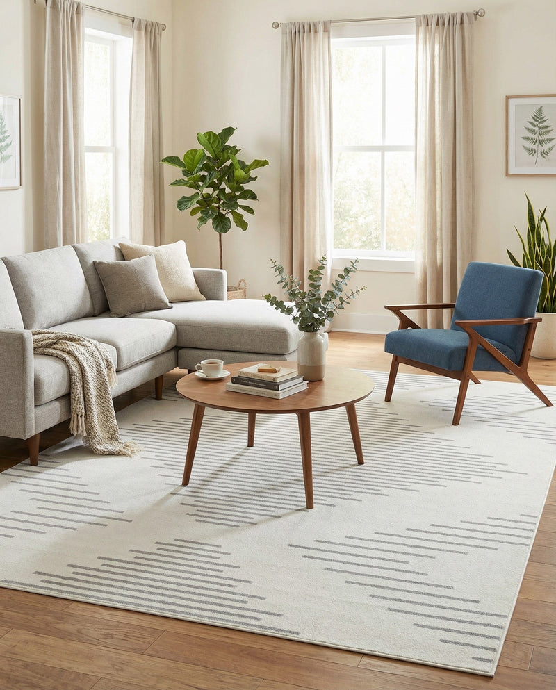 Seychelles Stripes Collection Area Rug - Mahe (Ivory and Gray) Rectangle Ivory and Gray  lifestyle 12