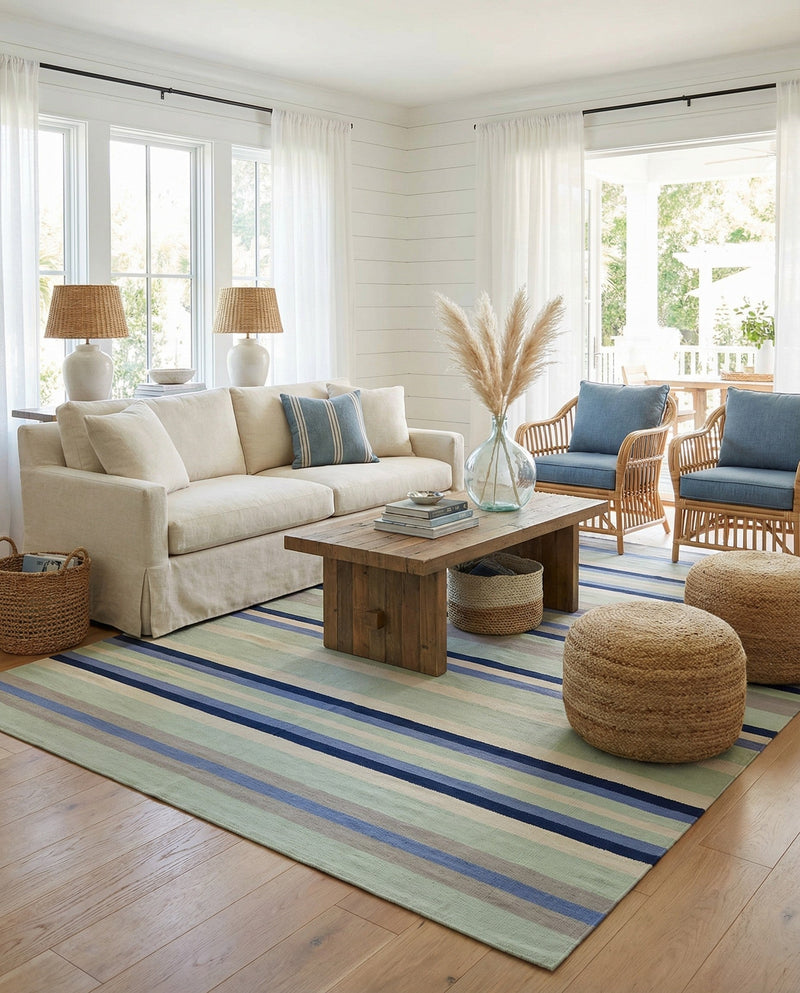 Coastal Stripe Dhurrie Collection Area Rug - Seashore Rectangle Aqua Blue and Gray  lifestyle 22