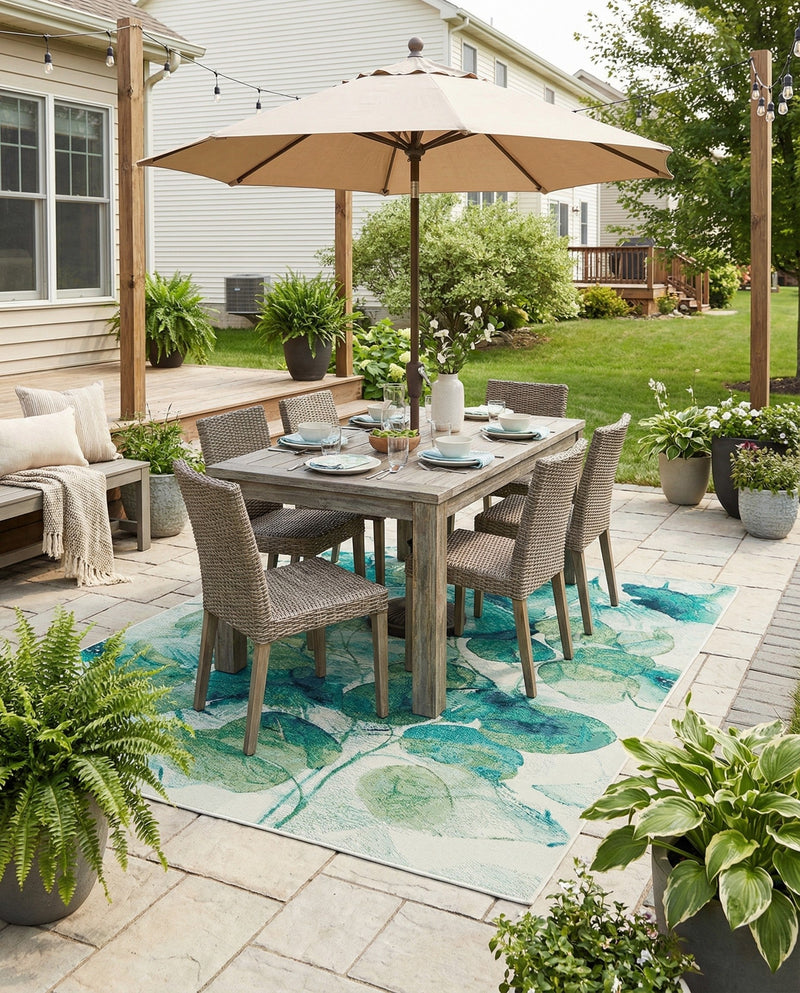 Seaside Blooms Collection Area Rug -  Flora Rectangle Blue Green  lifestyle 33