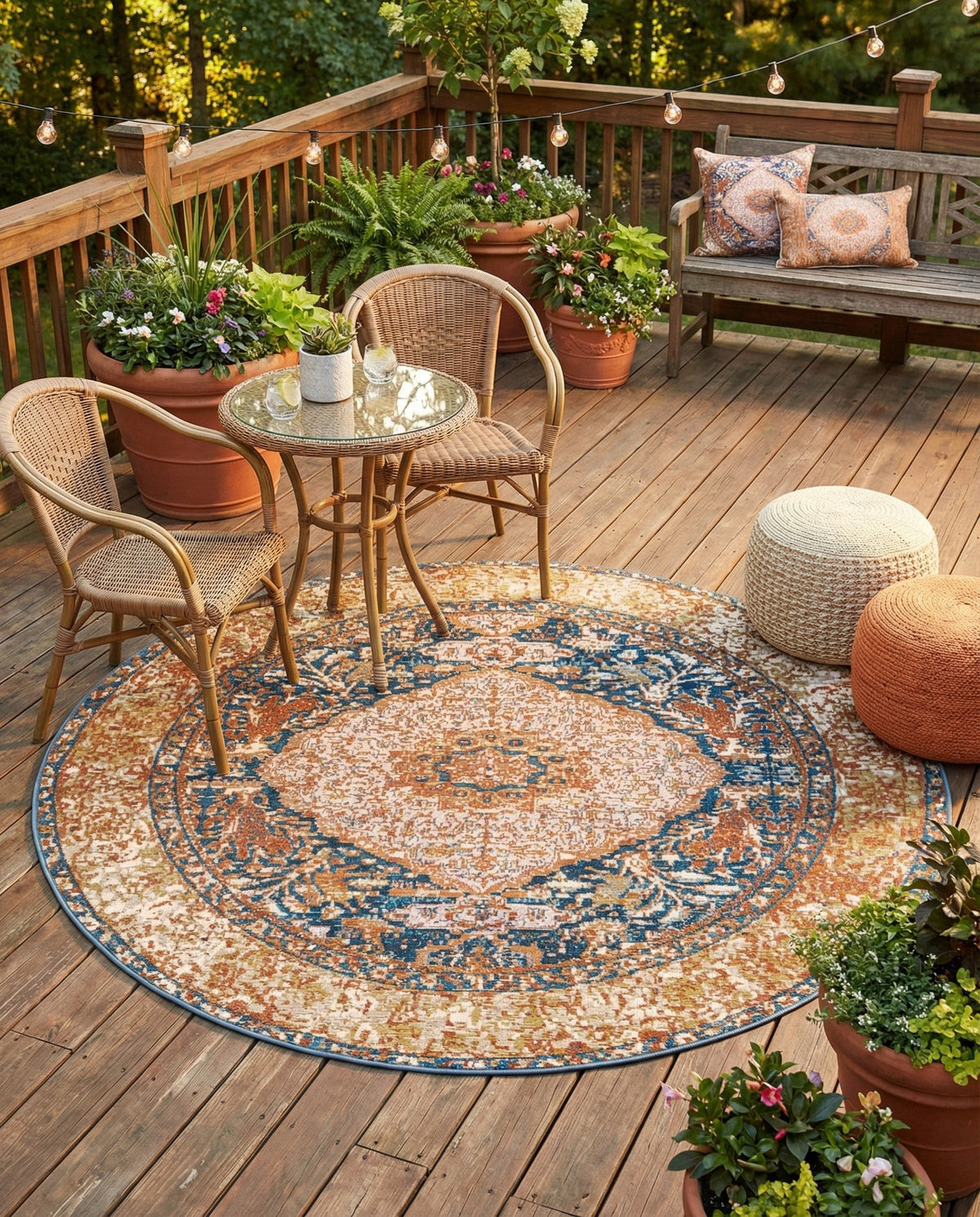 Patio Heritage Collection Area Rug -  Courtyard Round Navy Blue and Light Pink  lifestyle 88