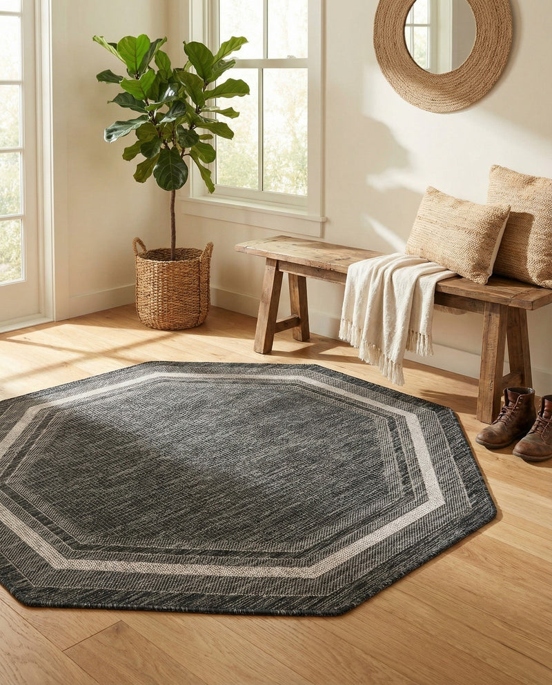 Terrace Fringe Collection Area Rug - Veranda (Black) Octagon Black  lifestyle 47