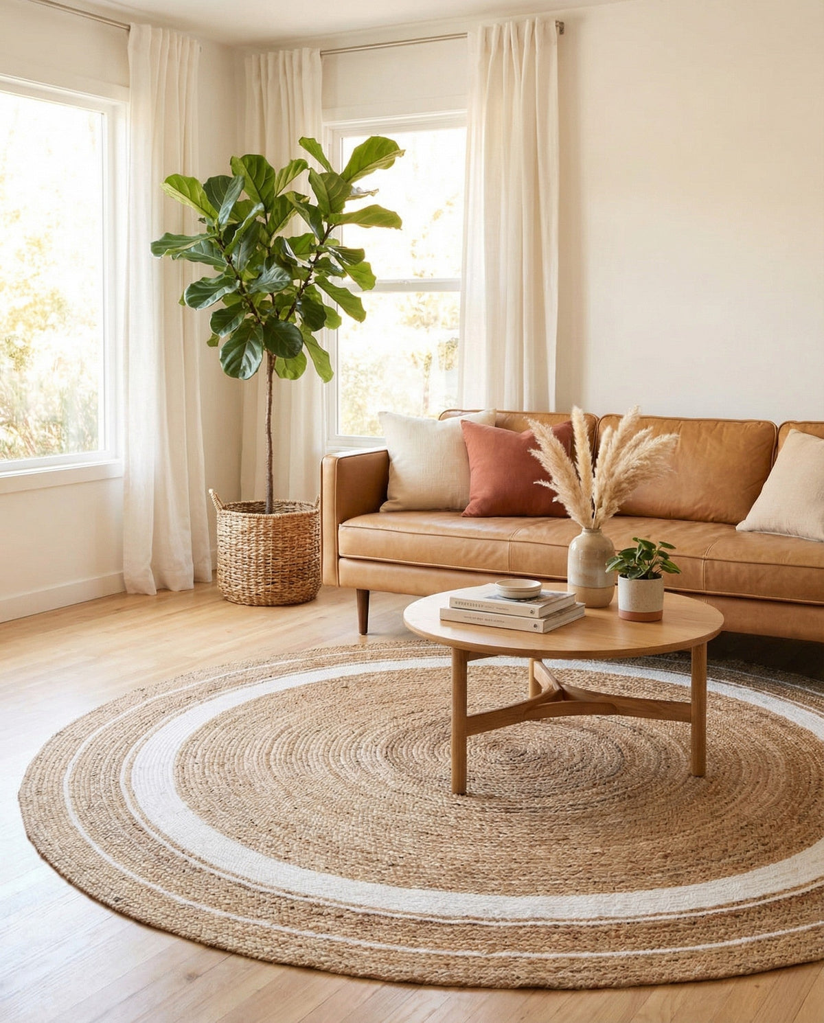 Woven Seaside Jute Collection Area Rug - Nantucket Round Natural and White  lifestyle 99