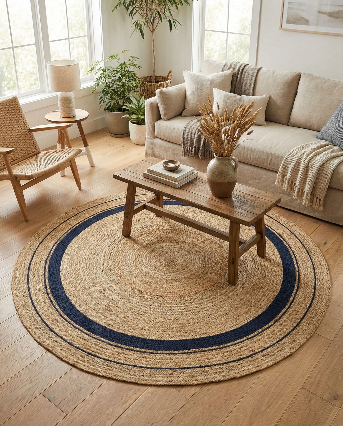Woven Seaside Jute Collection Area Rug - Nantucket Round Natural and Navy Blue  lifestyle 104