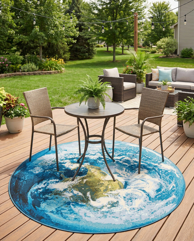 Urban Terrace Collection Area Rug -  Pergola Round Blue  lifestyle 55