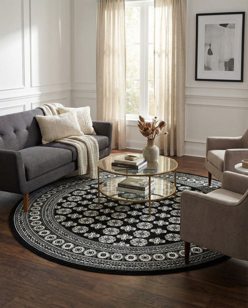 Samarkand Elegance Collection Area Rug -  Margilan (Black and White) Round Black and White  lifestyle 80