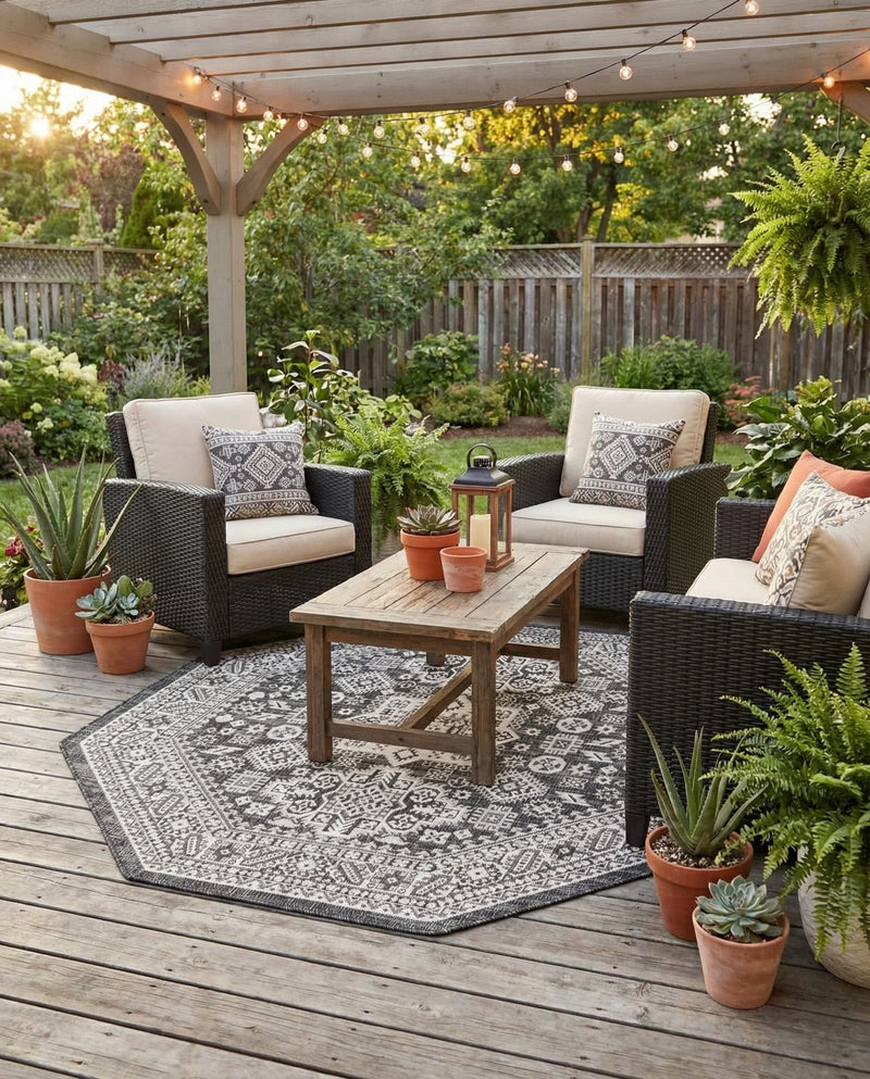 Tribal Terrace Treasures Collection Area Rug -  Incan Isle (Charcoal Gray) Octagon Charcoal Gray  lifestyle 38