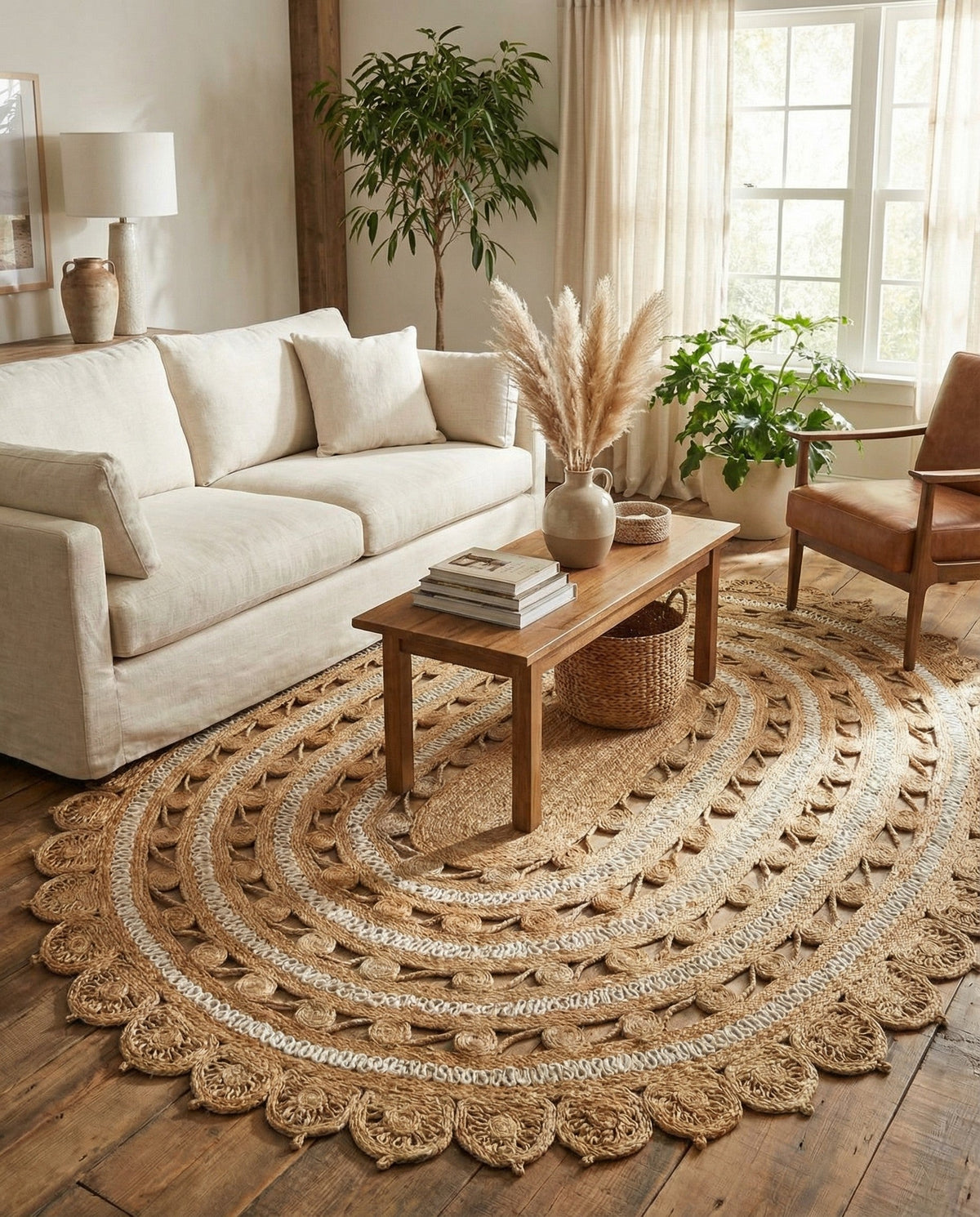 Woven Seaside Jute Collection Area Rug - Coastalhaven (Natural and White) Oval Natural and White  lifestyle 8