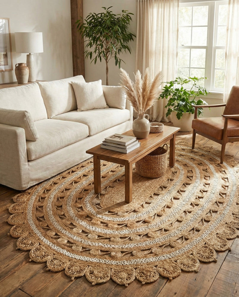 Woven Seaside Jute Collection Area Rug - Coastalhaven (Natural and White) Oval Natural and White  lifestyle 8