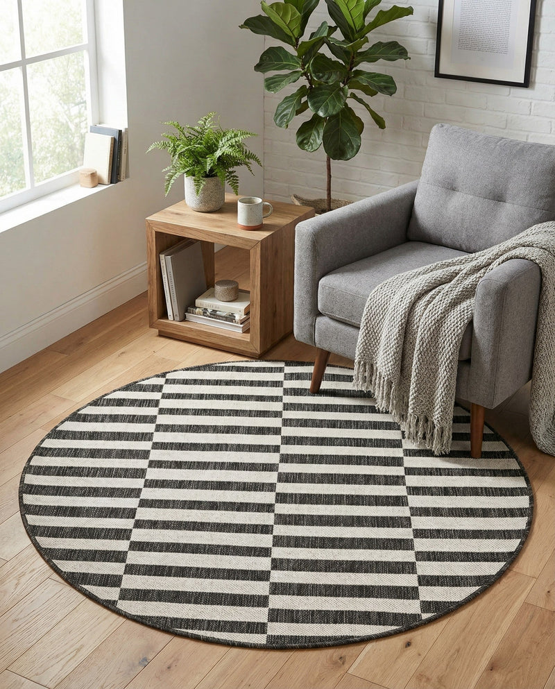 Seaside Stripes Collection Area Rug - Cabana (Charcoal) Round Charcoal  lifestyle 60