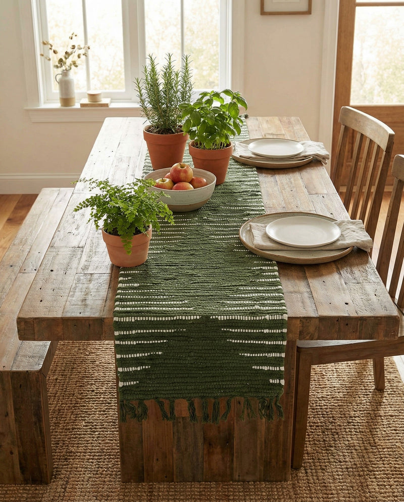 Thar Cotton Collection Area Rug - Jaisalmer (Green) Table Runner Green  lifestyle 72