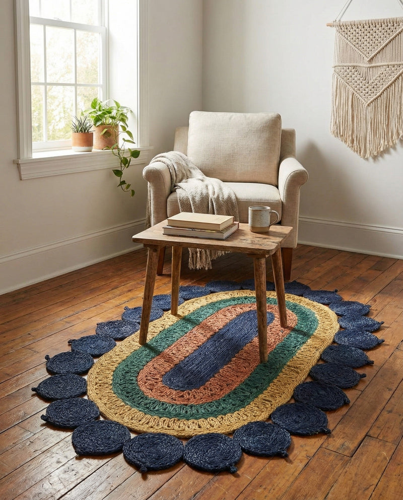 Woven Seaside Jute Collection Area Rug - Coastalhaven (Navy Blue Yellow Green) Oval Navy Blue Yellow Green  lifestyle 21