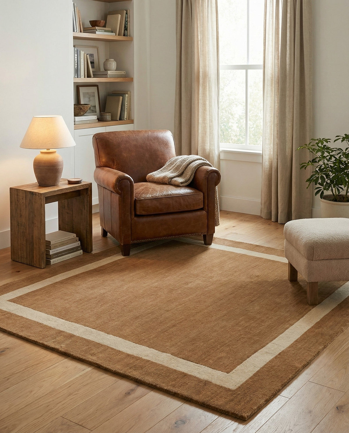 Savannah Borders Wool Collection Area Rug - Chatham Square Latte Brown  lifestyle 142