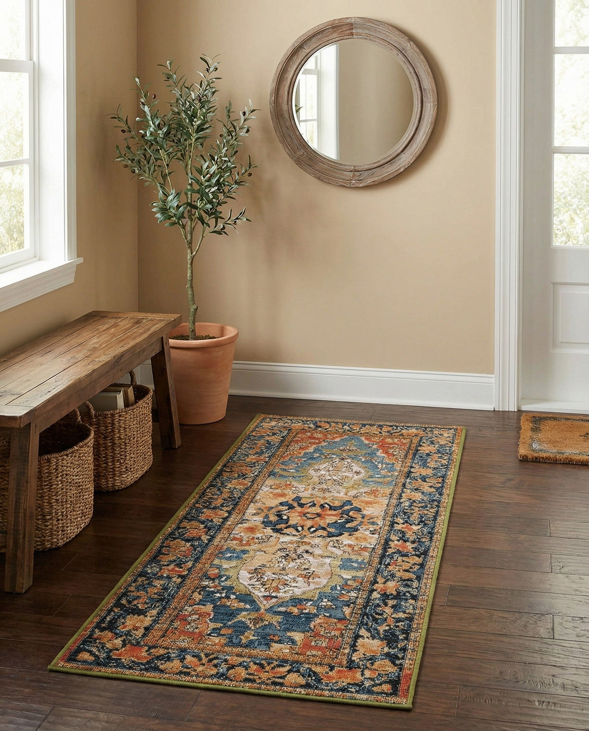 Patio Heritage Collection Area Rug -  Grove Runner Navy Blue and Rust Red  lifestyle 29