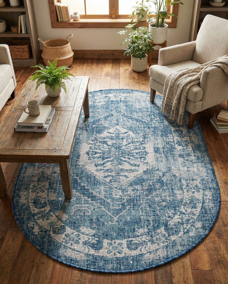 Patio Heritage Collection Area Rug -  Augusta (Blue) Oval Blue  lifestyle 64