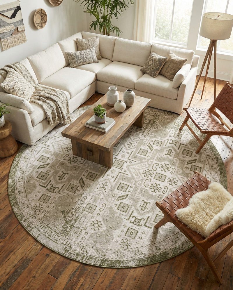 Tribal Terrace Treasures Collection Area Rug - Mayan Marina (Green) Round Green  lifestyle 76