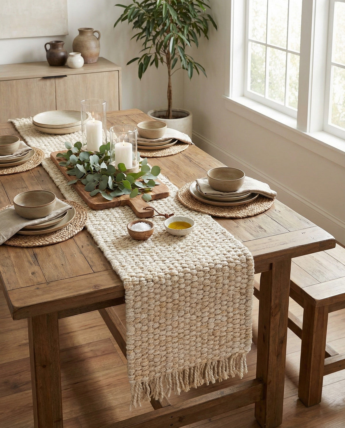 Savannah Jute Collection Area Rug - Seashore Table Runner Ivory  lifestyle 90