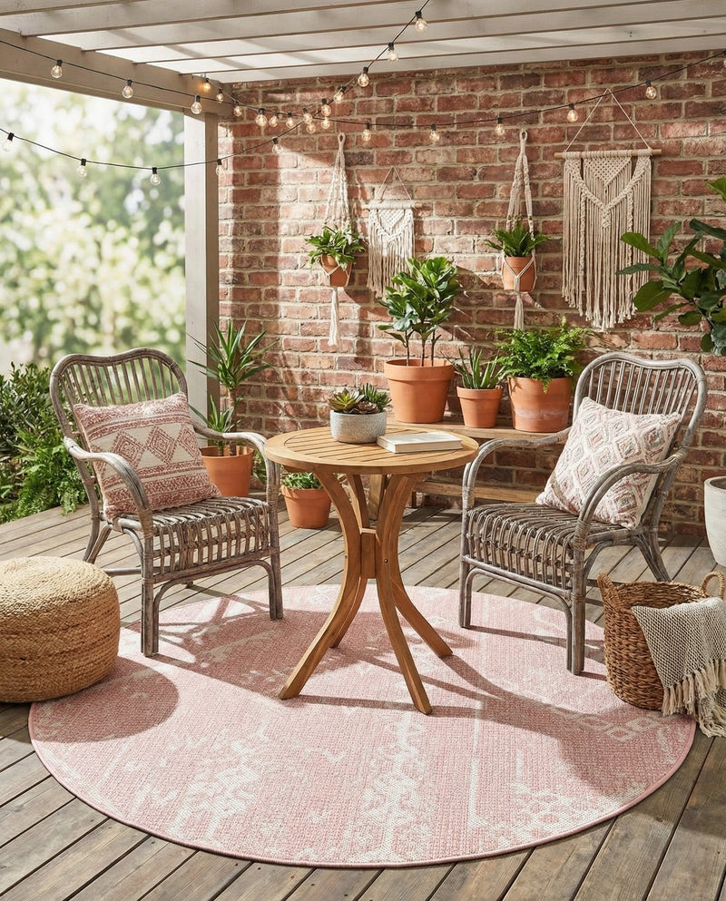 Desert Nomad Terrace Collection Area Rug - Sahara (Pink) Round Pink  lifestyle 39