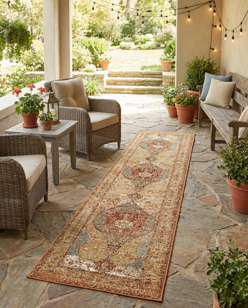 Patio Heritage Collection Area Rug -  Pergola Runner Blue and Light Brown  lifestyle 71