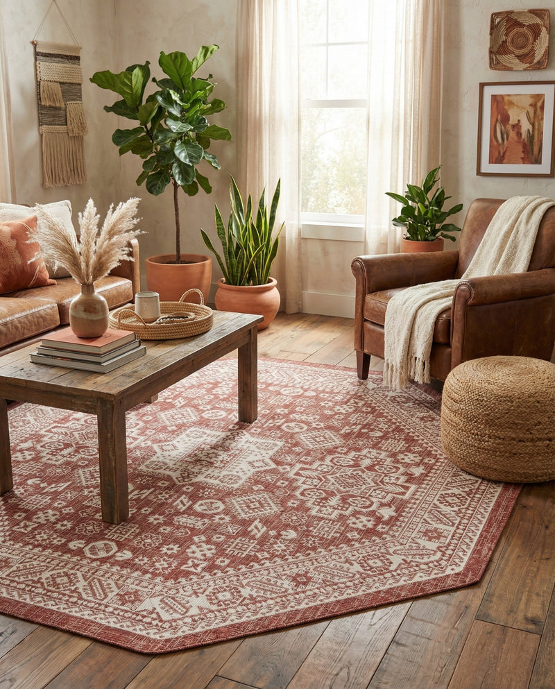 Tribal Terrace Treasures Collection Area Rug -  Incan Isle (Rust Red) Octagon Rust Red  lifestyle 32
