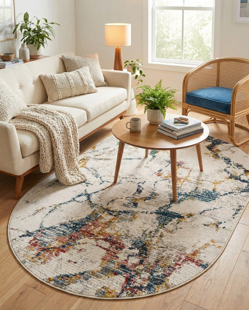 Jewel Oasis Collection Area Rug -  Opaline Oval White Navy  lifestyle 59