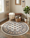 Samarkand Elegance Collection Area Rug -  Margilan (Ivory) Round Ivory  lifestyle 60