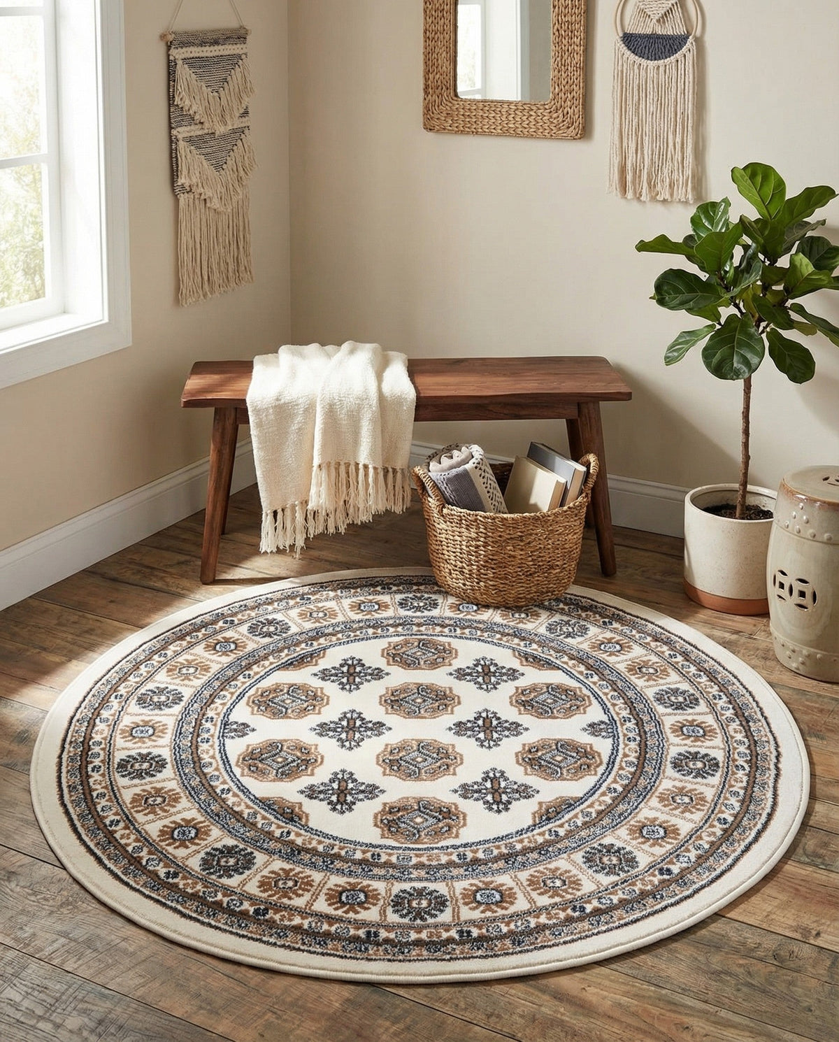 Samarkand Elegance Collection Area Rug -  Margilan (Ivory) Round Ivory  lifestyle 60