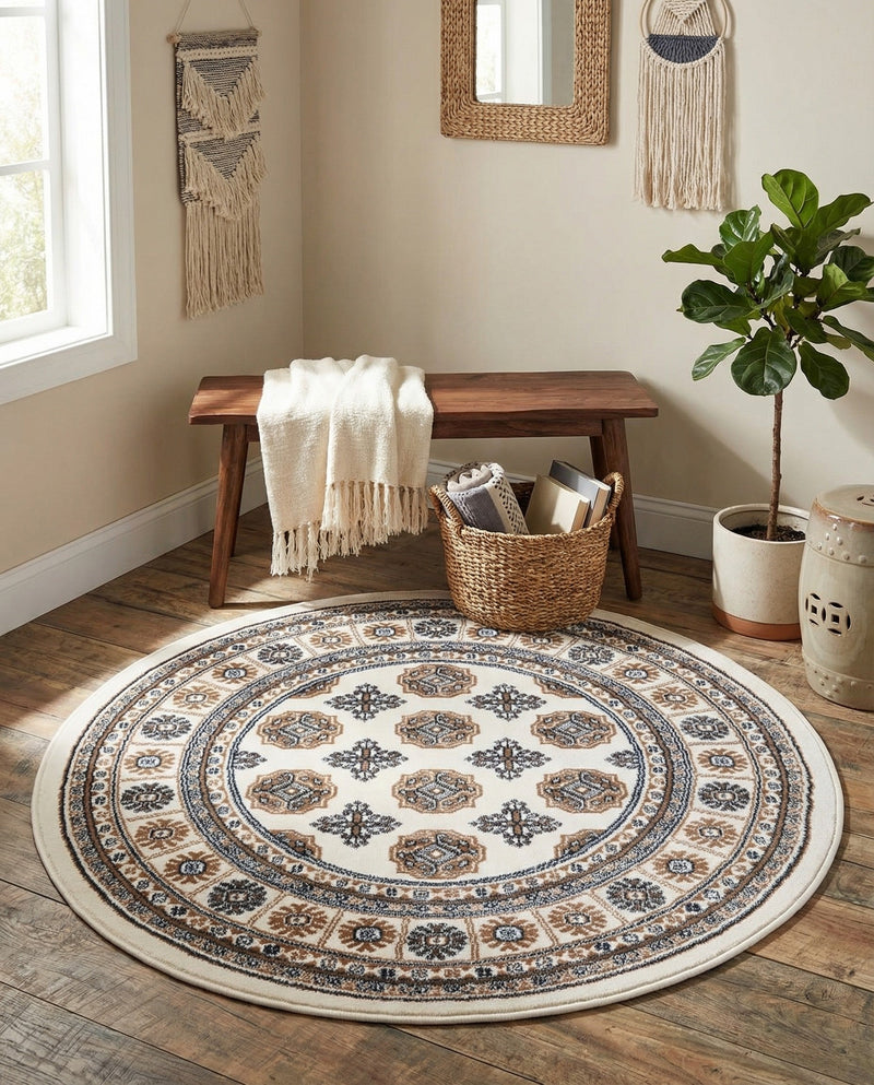 Samarkand Elegance Collection Area Rug -  Margilan (Ivory) Round Ivory  lifestyle 60