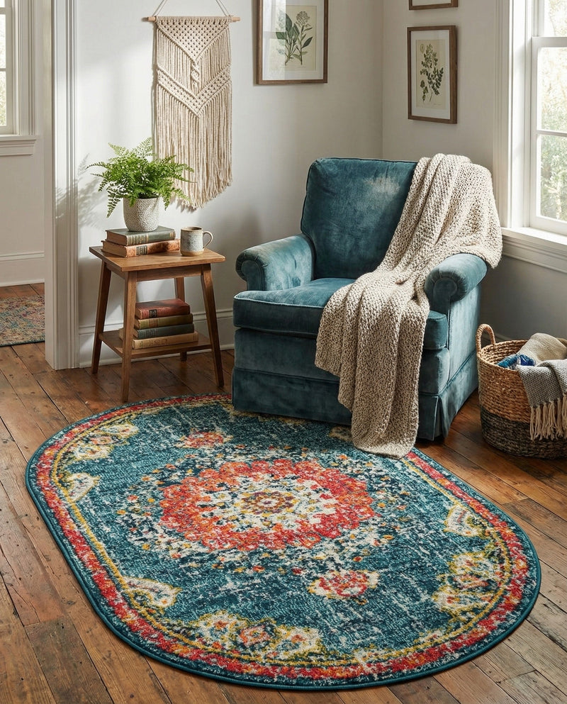 Brighton Terrace Collection Area Rug - Hove (Blue) Oval Blue  lifestyle 50