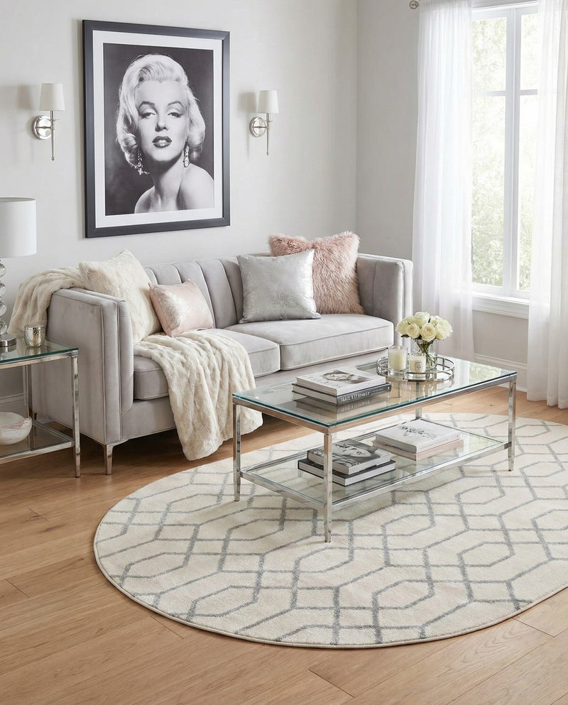 Hollywood Luxe Collection Area Rug - Sunset (White Silver) Oval White Silver  lifestyle 71