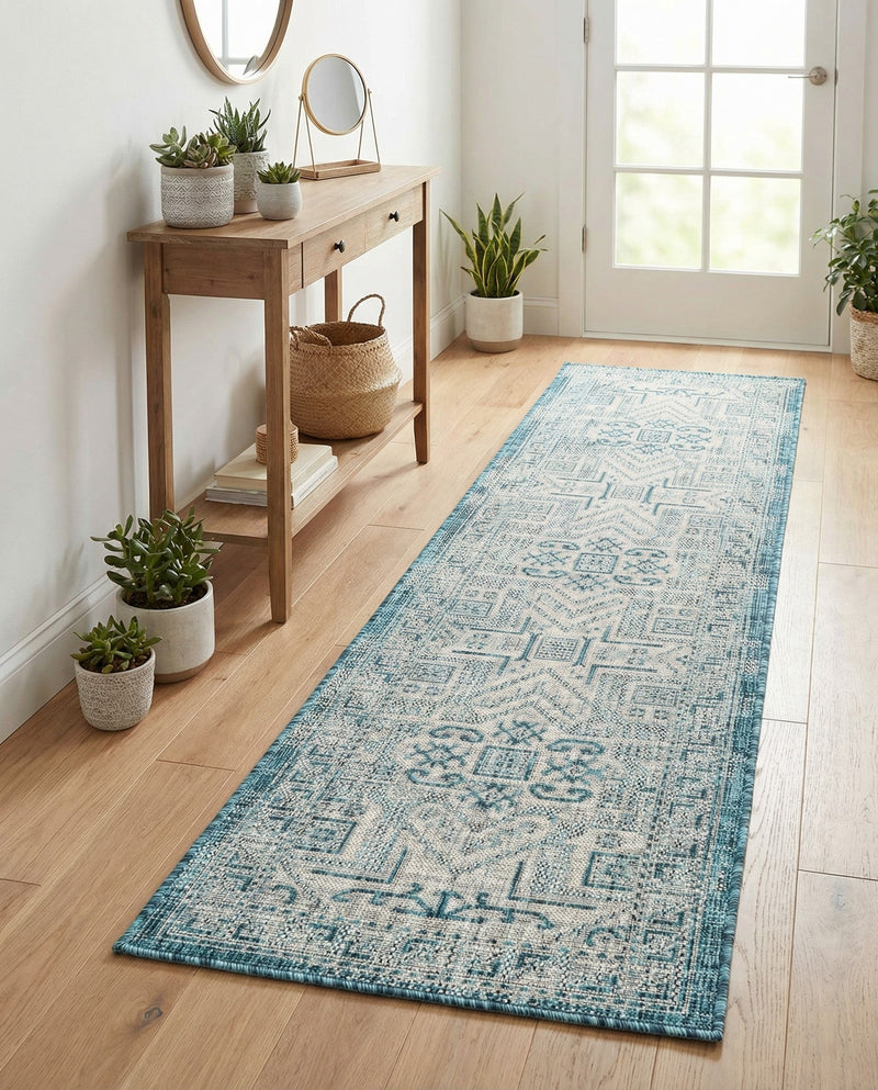 Tribal Terrace Treasures Collection Area Rug - Mayan Marina (Teal) Runner Teal  lifestyle 71