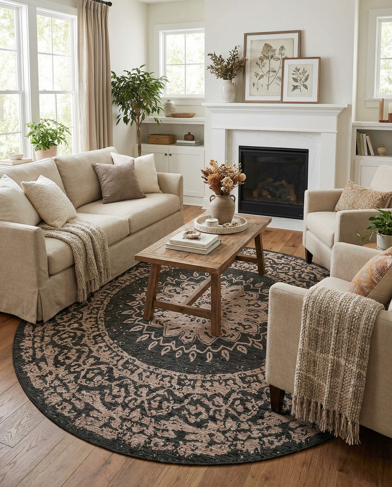 Patio Heritage Collection Area Rug -  Lafayette (Black) Round Black  lifestyle 64