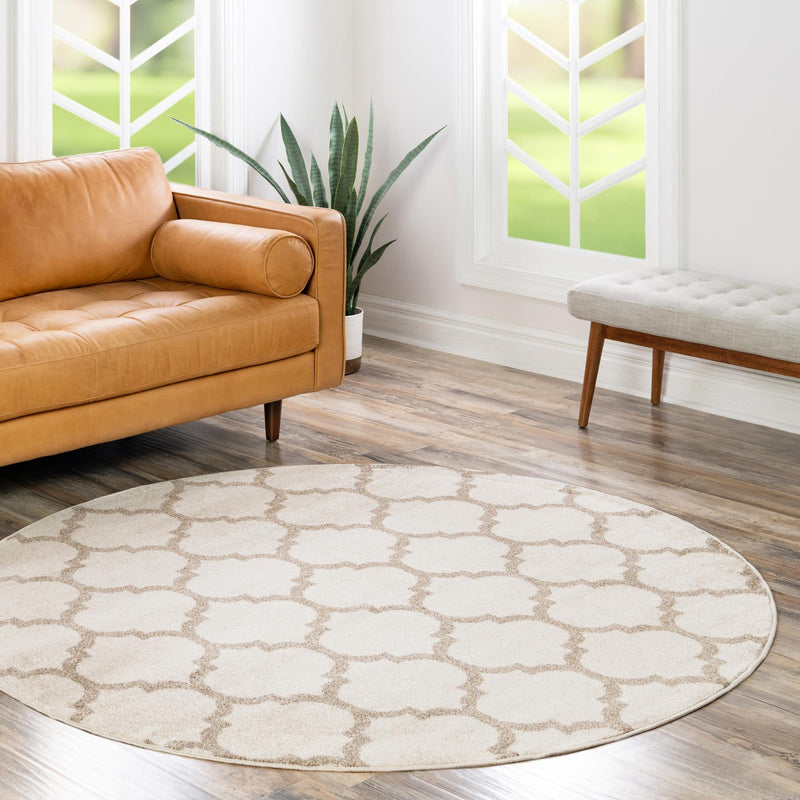 Lattice Gardens Collection Area Rug -  Bloomfield (Beige and Light Brown) Round Beige and Light Brown  lifestyle 97