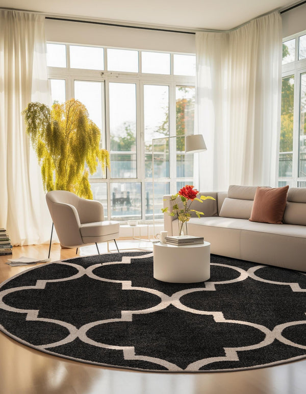 Lattice Gardens Collection Area Rug -  Espaliera Round Black and White  lifestyle 123