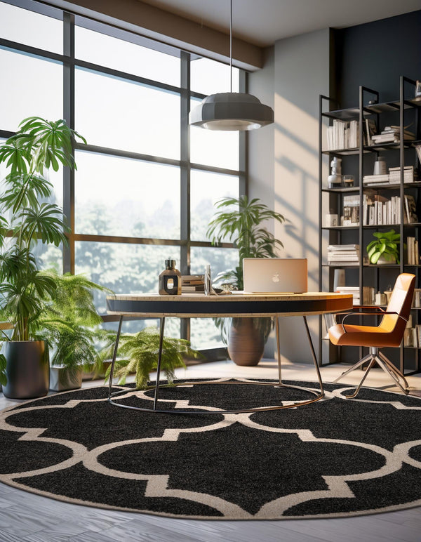 Lattice Gardens Collection Area Rug -  Espaliera Round Black and White  lifestyle 153