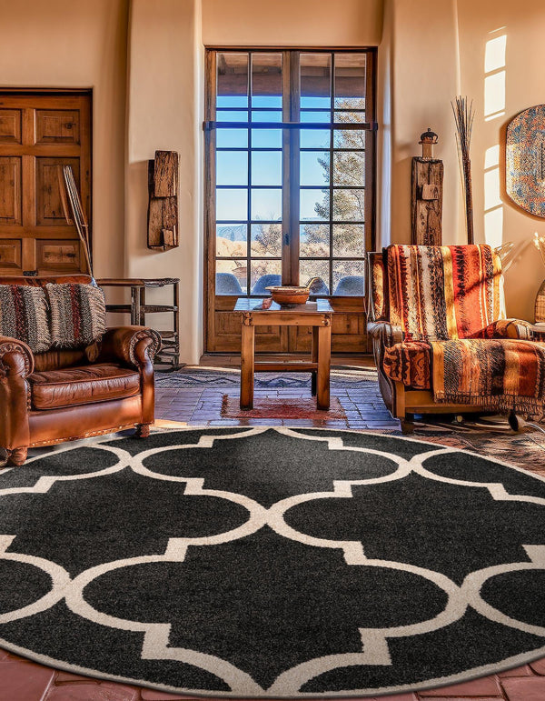 Lattice Gardens Collection Area Rug -  Espaliera Round Black and White  lifestyle 163