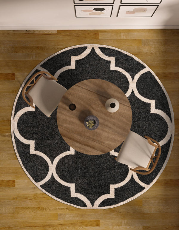 Lattice Gardens Collection Area Rug -  Espaliera Round Black and White  lifestyle 202