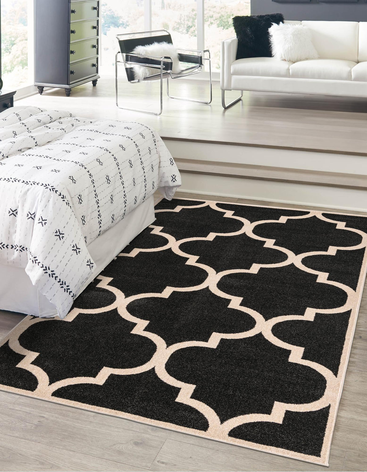Lattice Gardens Collection Area Rug -  Espaliera Rectangle Black and White  lifestyle 22