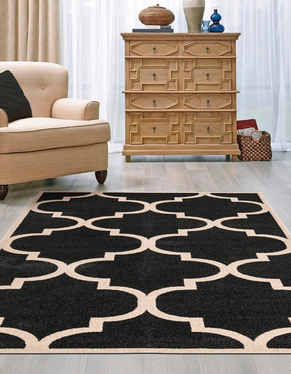 Lattice Gardens Collection Area Rug -  Espaliera Rectangle Black and White  lifestyle 52