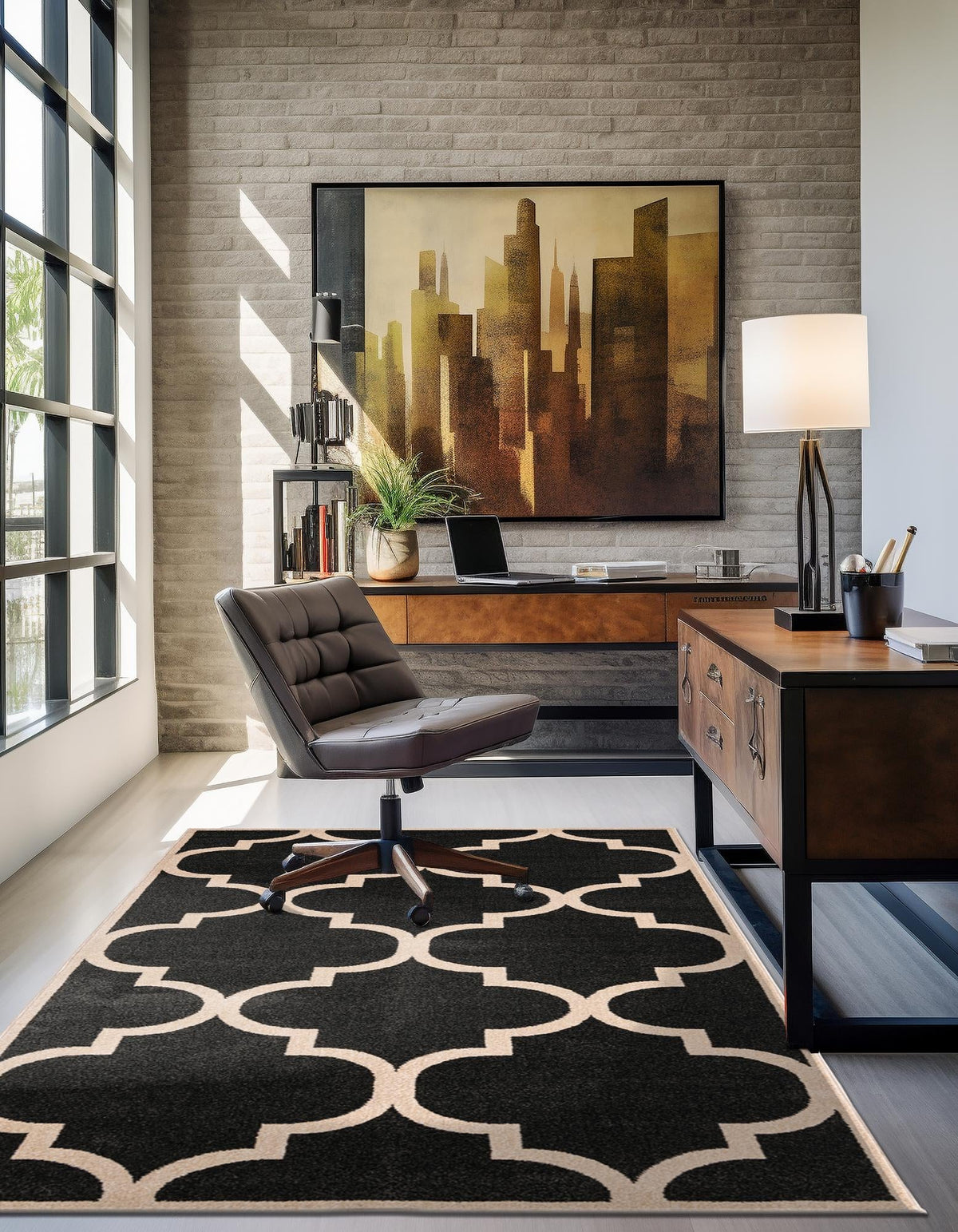 Lattice Gardens Collection Area Rug -  Espaliera Rectangle Black and White  lifestyle 62
