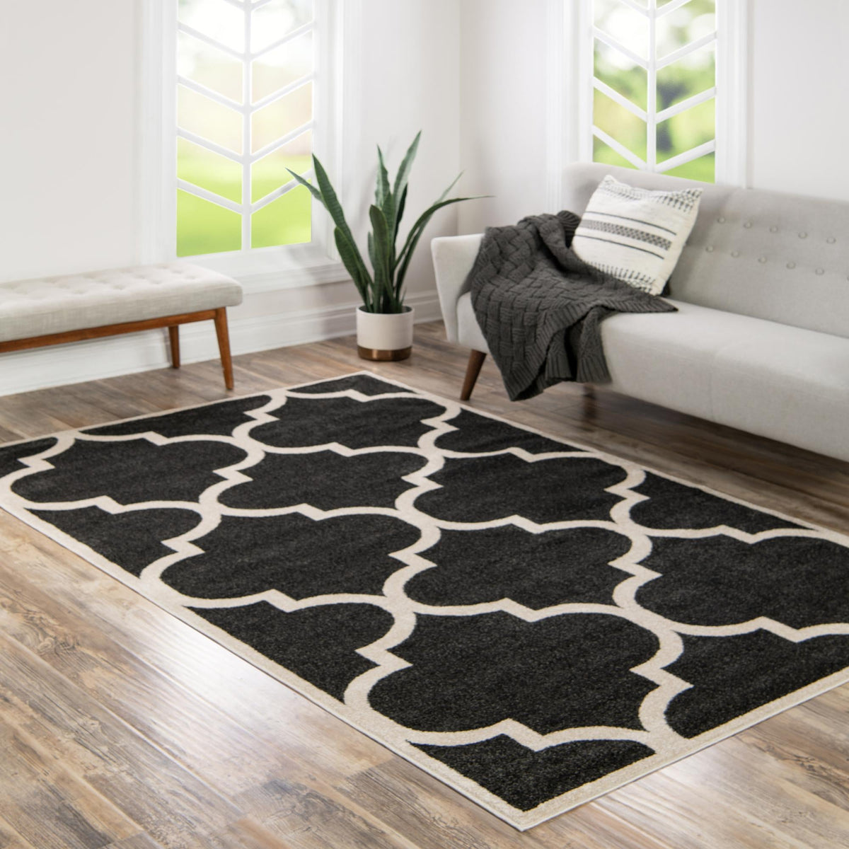 Lattice Gardens Collection Area Rug -  Espaliera Rectangle Black and White  lifestyle 100