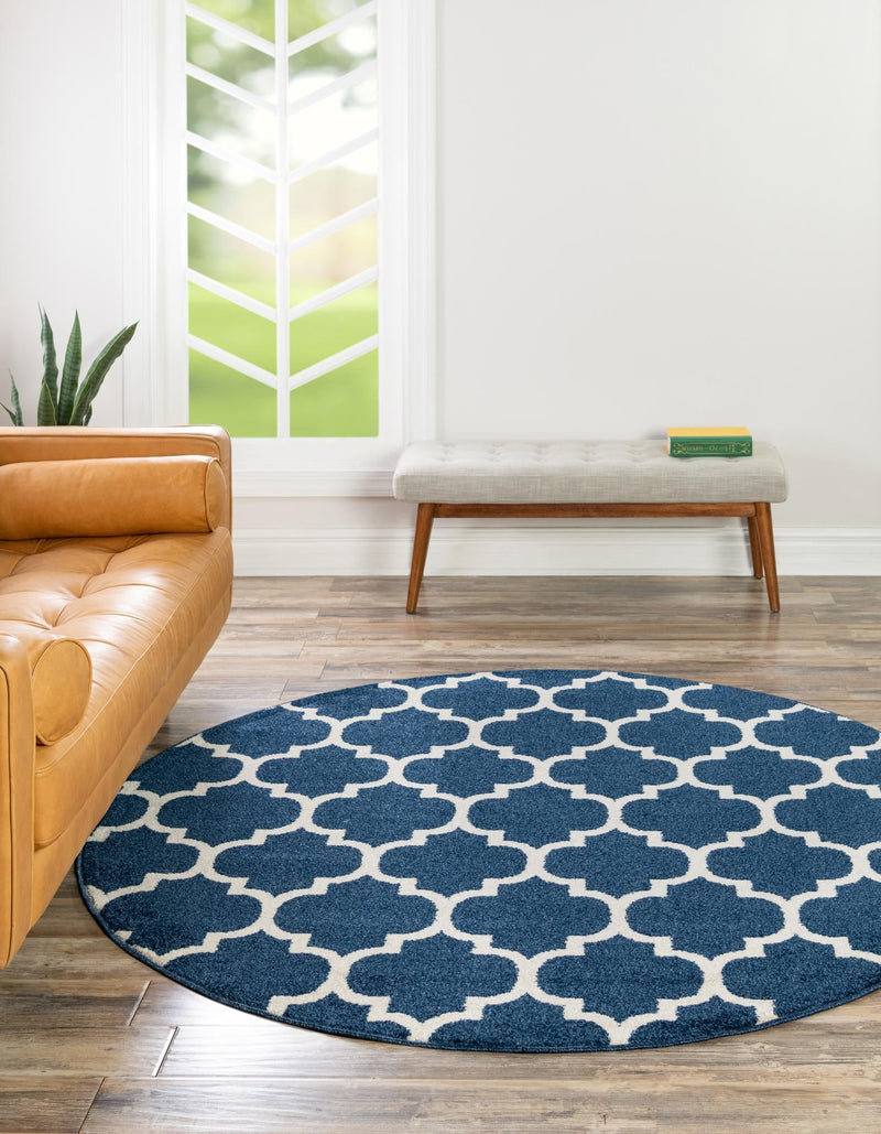 Lattice Gardens Collection Area Rug -  Bloomfield (Dark Blue) Round Dark Blue  lifestyle 19
