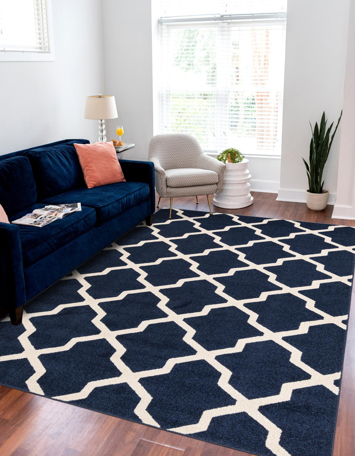 Lattice Gardens Collection Area Rug -  Floratown Rectangle Navy Blue  lifestyle 2