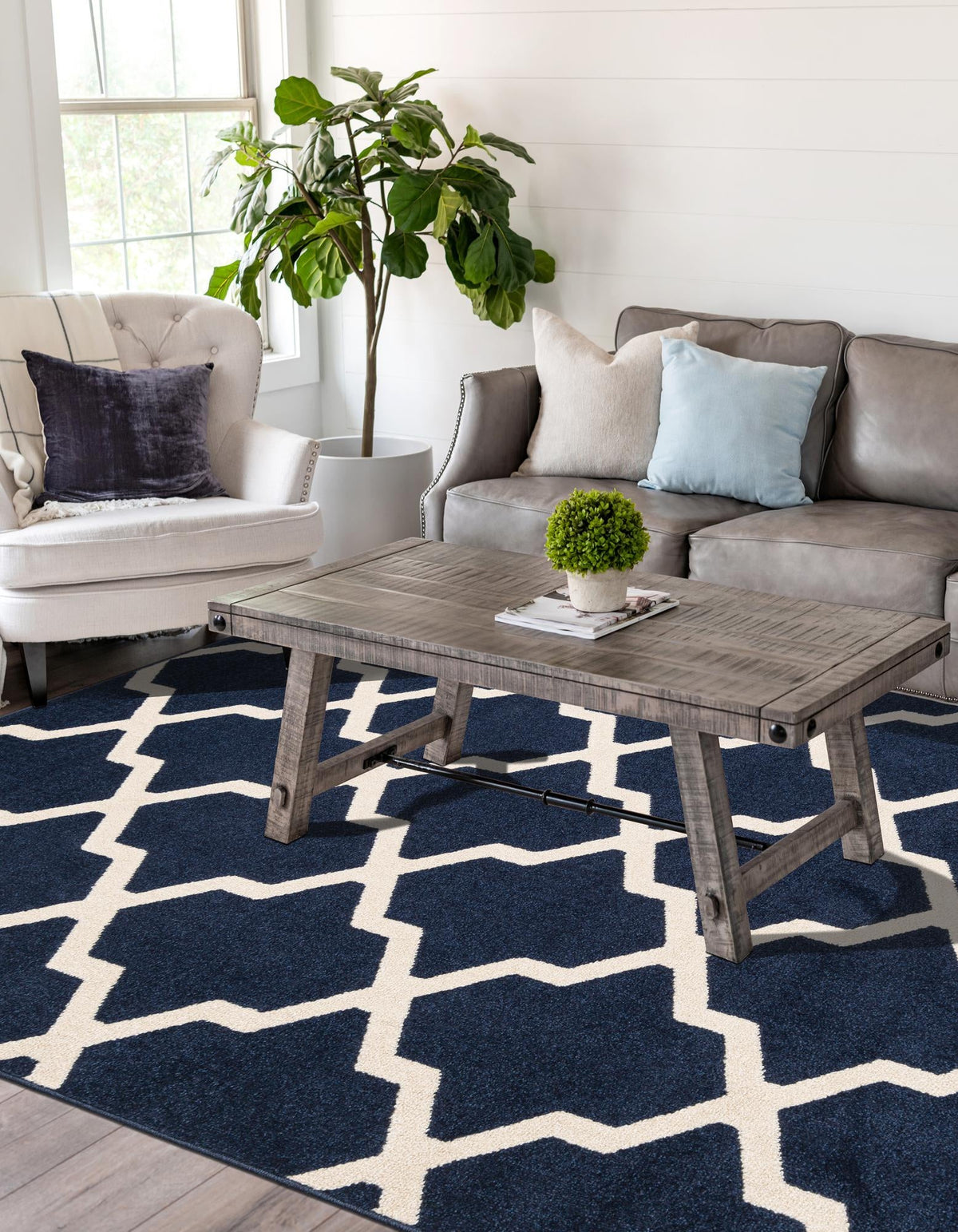 Lattice Gardens Collection Area Rug -  Floratown Rectangle Navy Blue  lifestyle 5