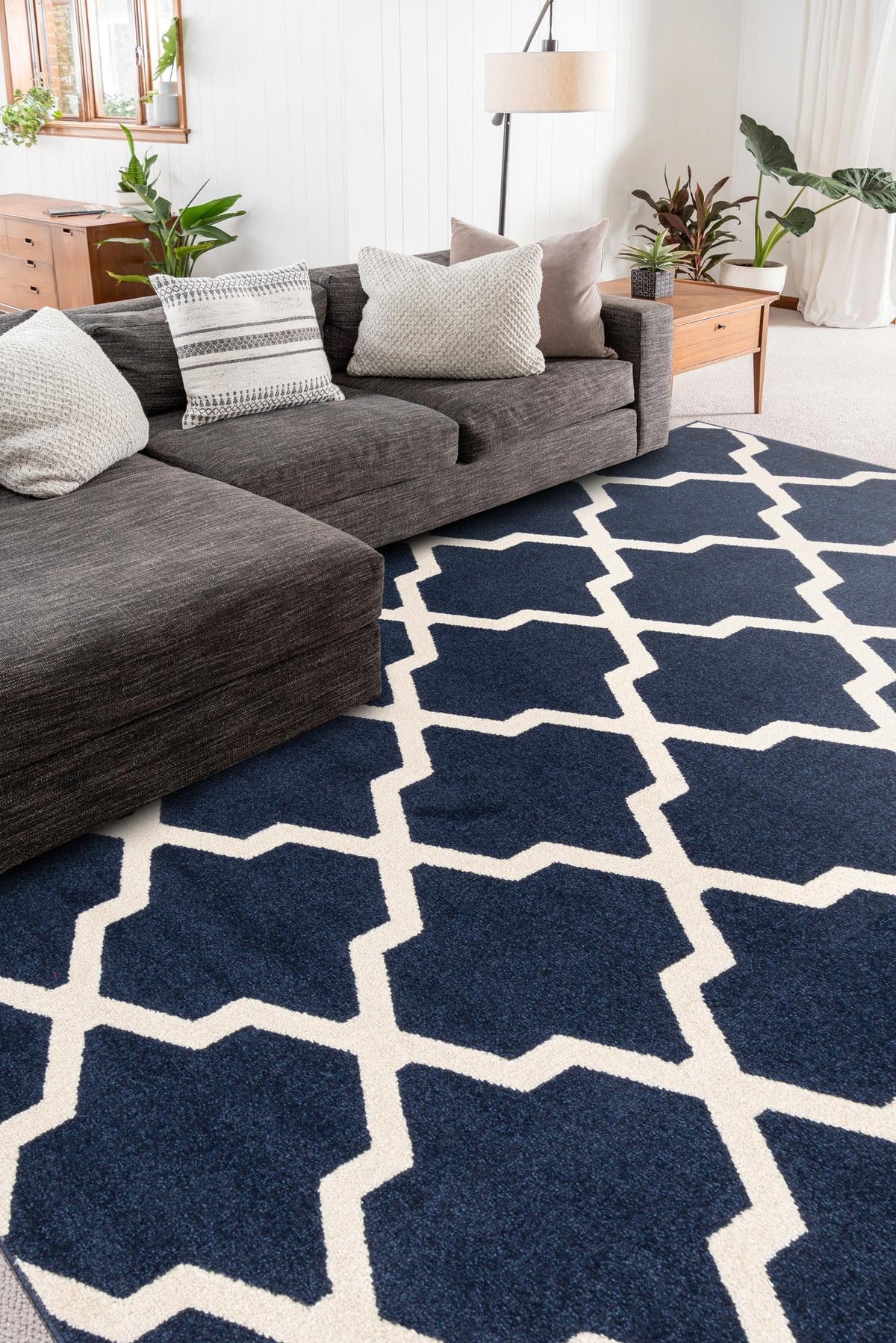 Lattice Gardens Collection Area Rug -  Floratown Rectangle Navy Blue  lifestyle 6