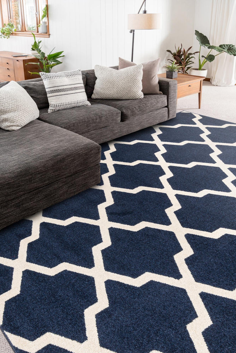 Lattice Gardens Collection Area Rug -  Floratown Rectangle Navy Blue  lifestyle 6