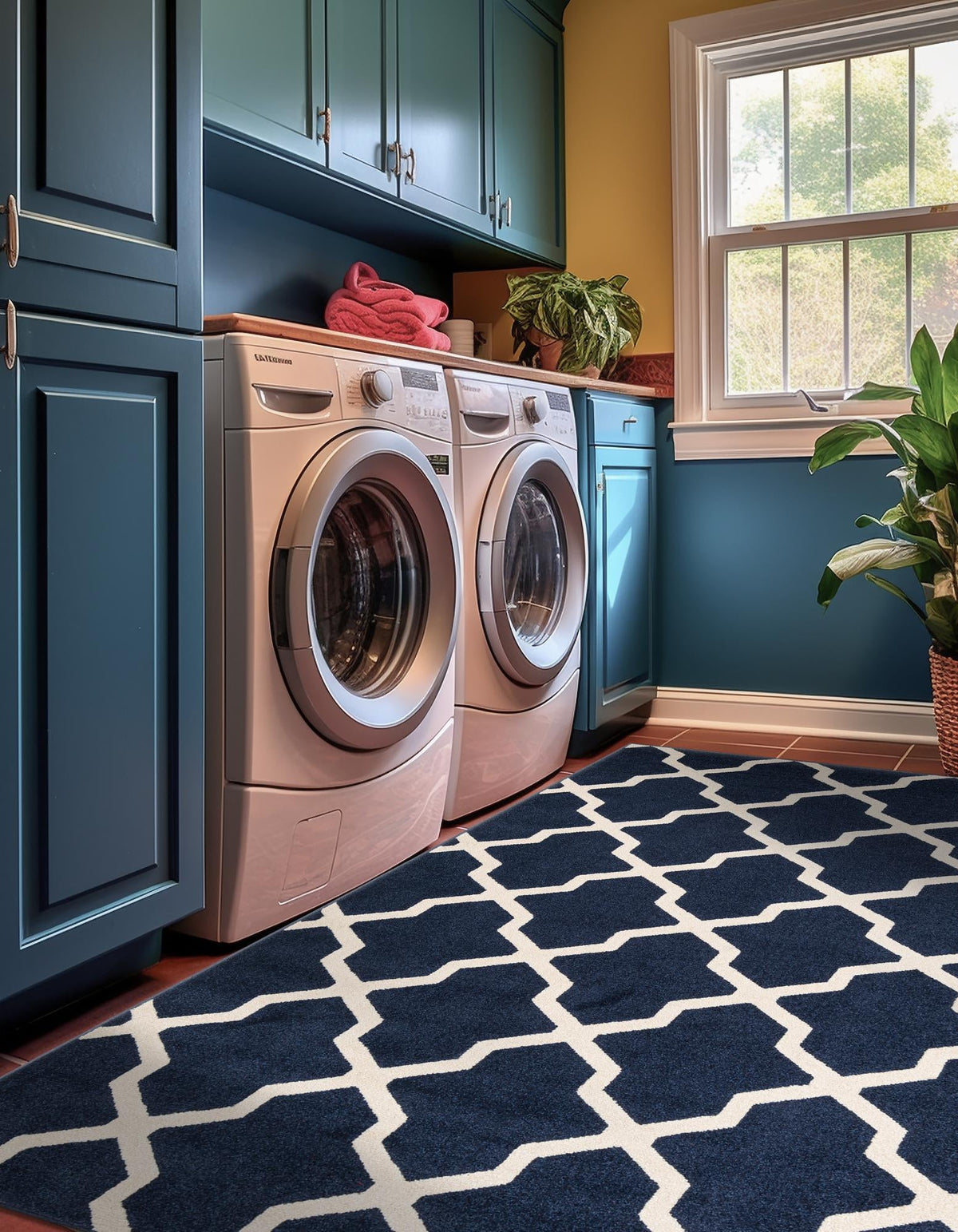 Lattice Gardens Collection Area Rug -  Floratown Rectangle Navy Blue  lifestyle 7