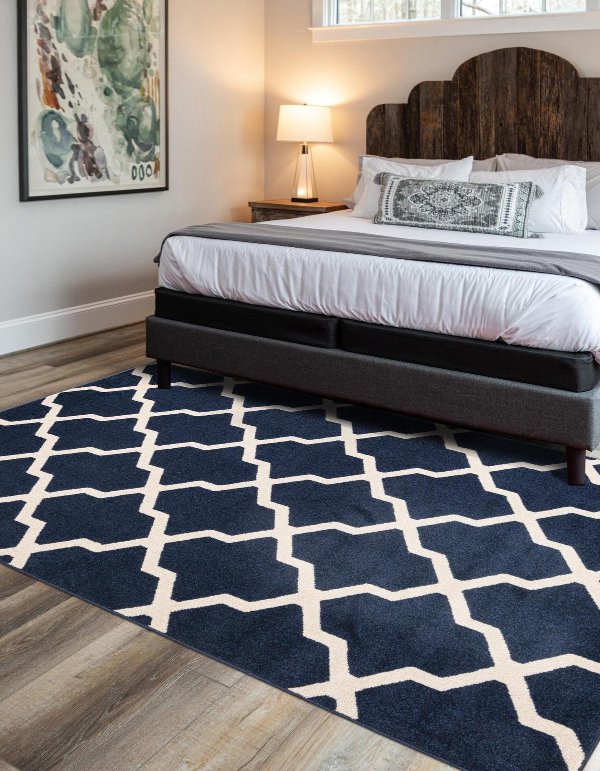 Lattice Gardens Collection Area Rug -  Floratown Rectangle Navy Blue  lifestyle 9